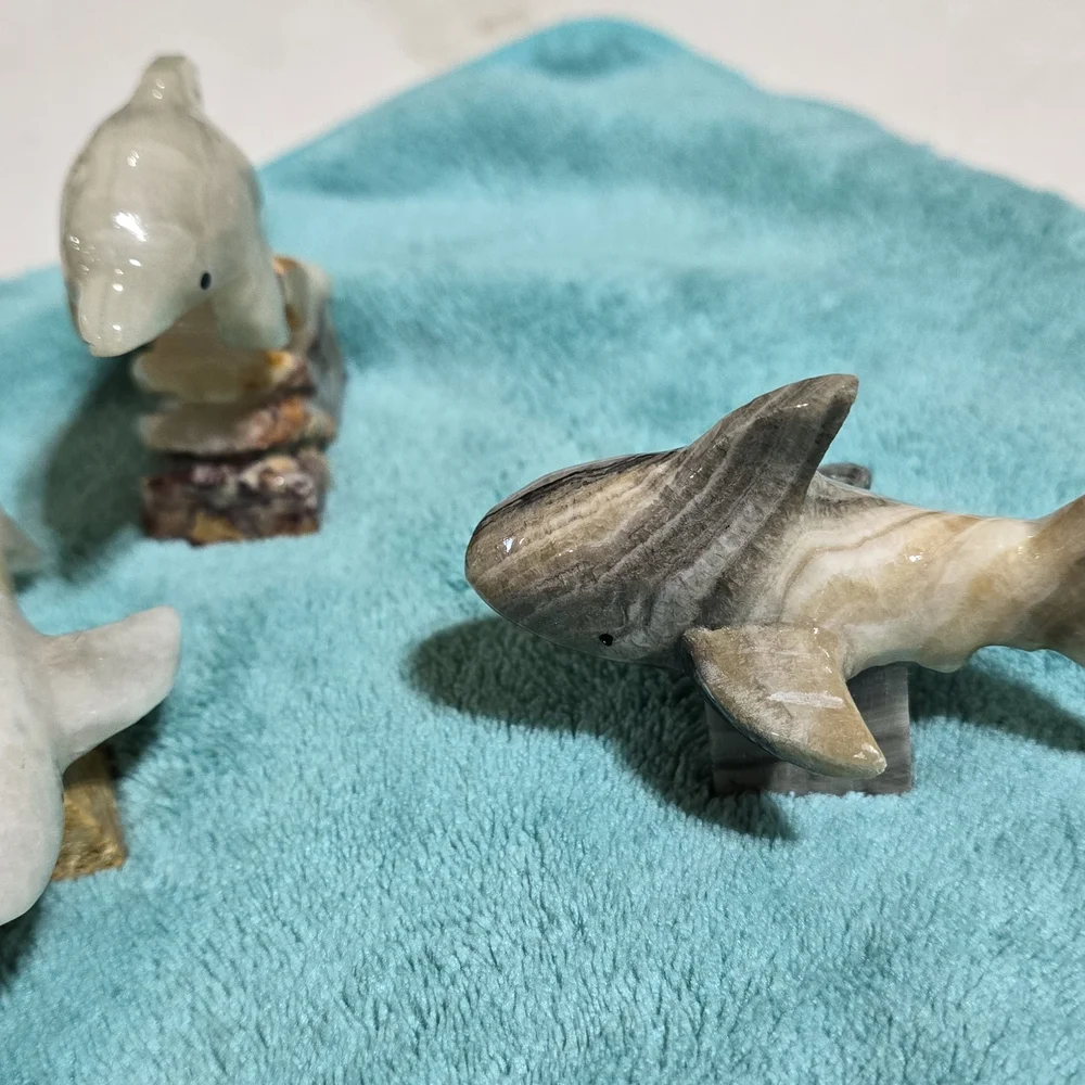 Grey and White Marble Carved Shark And Dolphins.